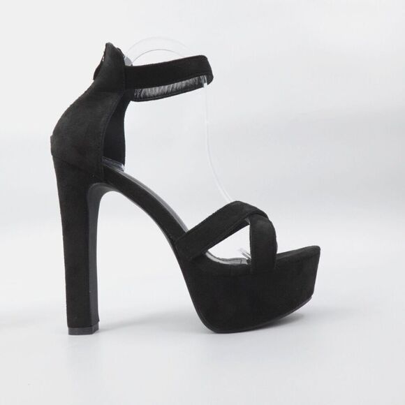 SHEIN Shoes - Black Chunky Platform Heels Faux Suede Ankle Strap Whimsigoth Retro Prom hoco